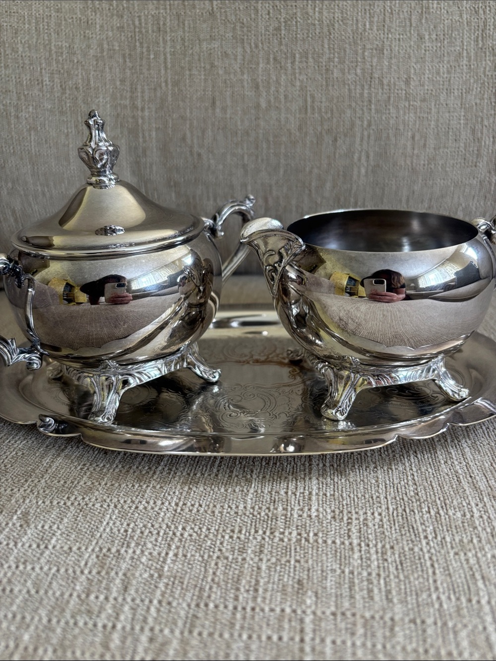 Silver plated Sheridan cream and sugar set with plate server